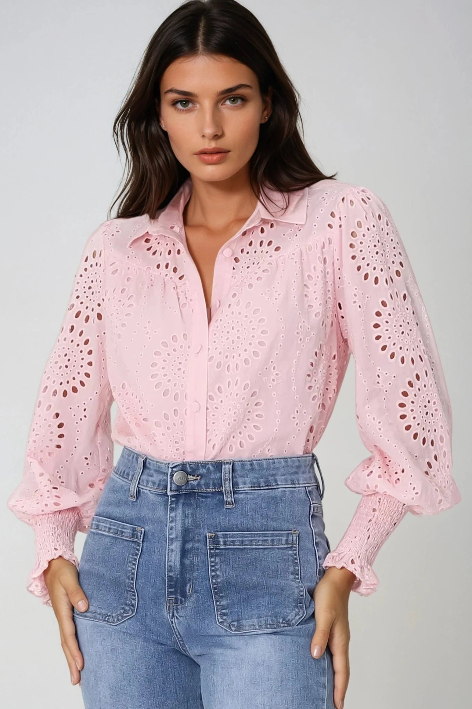 23rdAprilTether-1307_7ed35eb1-864e-4613-9c57-b3e3cff0c3eb Benton Blouse - Hollow Out Embroidered Button Down Shirt in Pink - Image 1