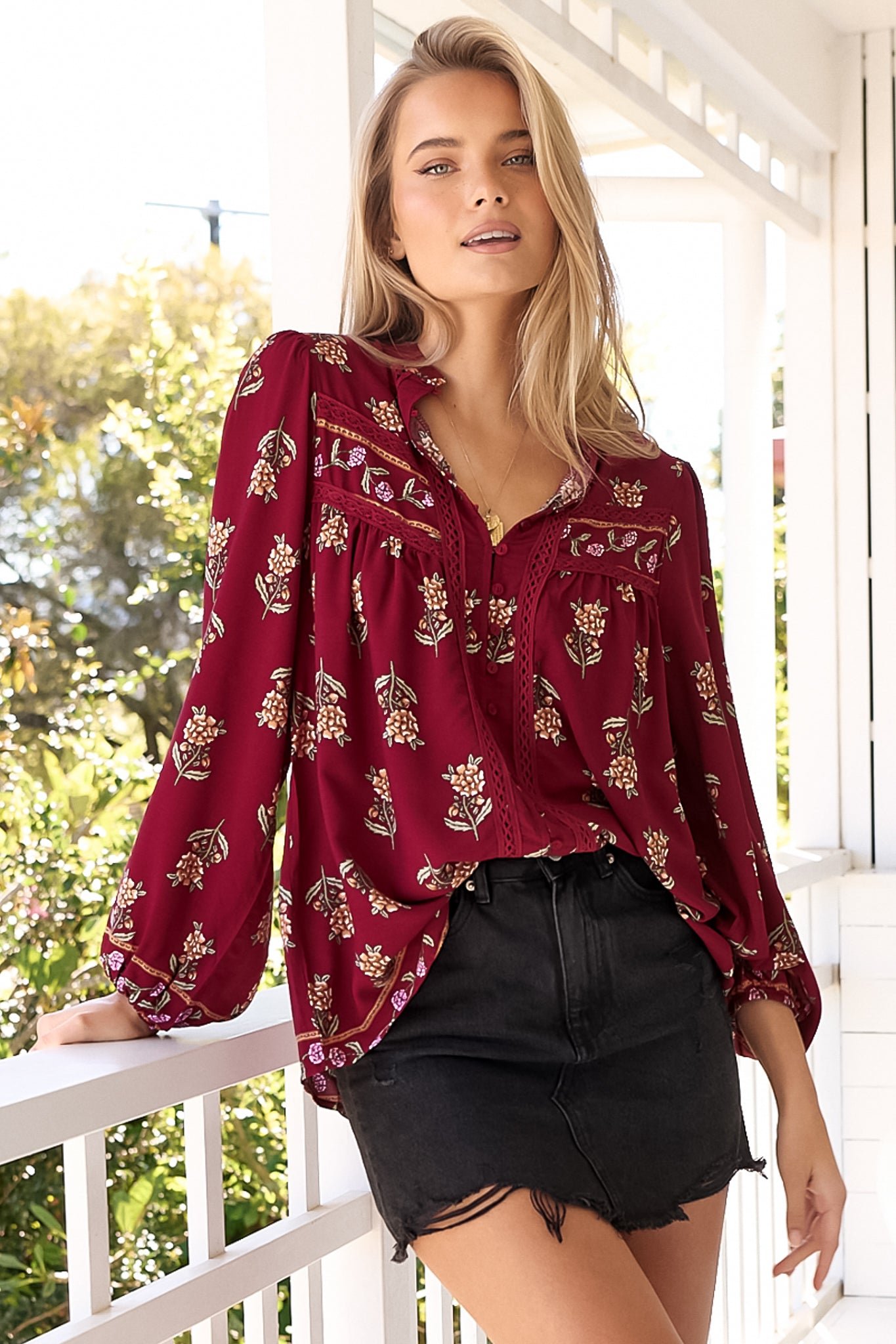Bee_Blouse_-_Grenache_Print-03 JAASE - Bee Blouse: Lace Decal Button Down Long Sleeve Blouse in Grenache Print - Image 1