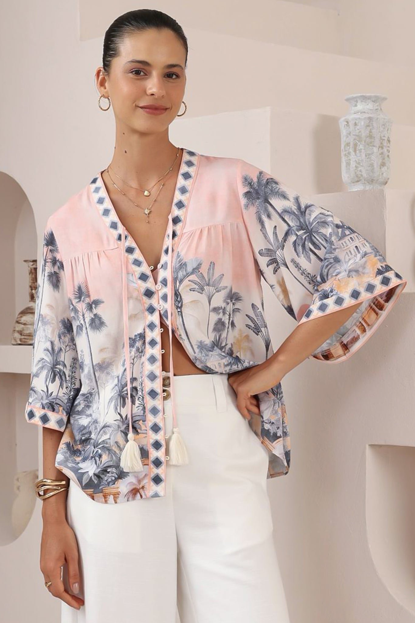 ElysiaBlouse-ArmenaPrint-1 Elysia Blouse - Deep V Neck Button Down 3/4 Sleeve Top in Armena Print - Image 1