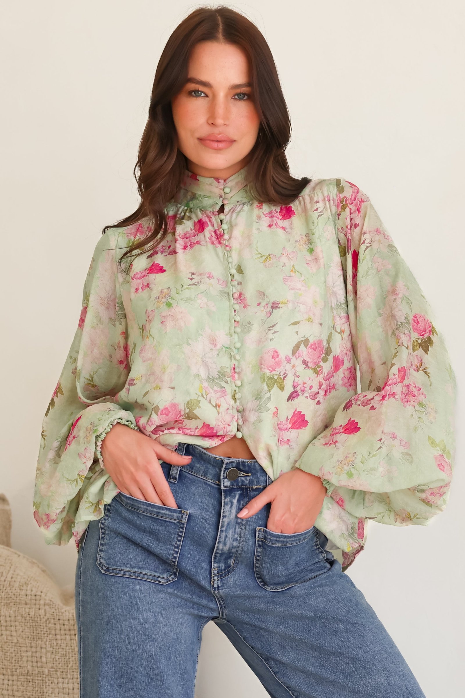 FayeBlouse-RosamariePrint-3 Faye Blouse - Mandarin Collar Balloon Sleeve Button Down Shirt in Rosemarie Print - Image 1
