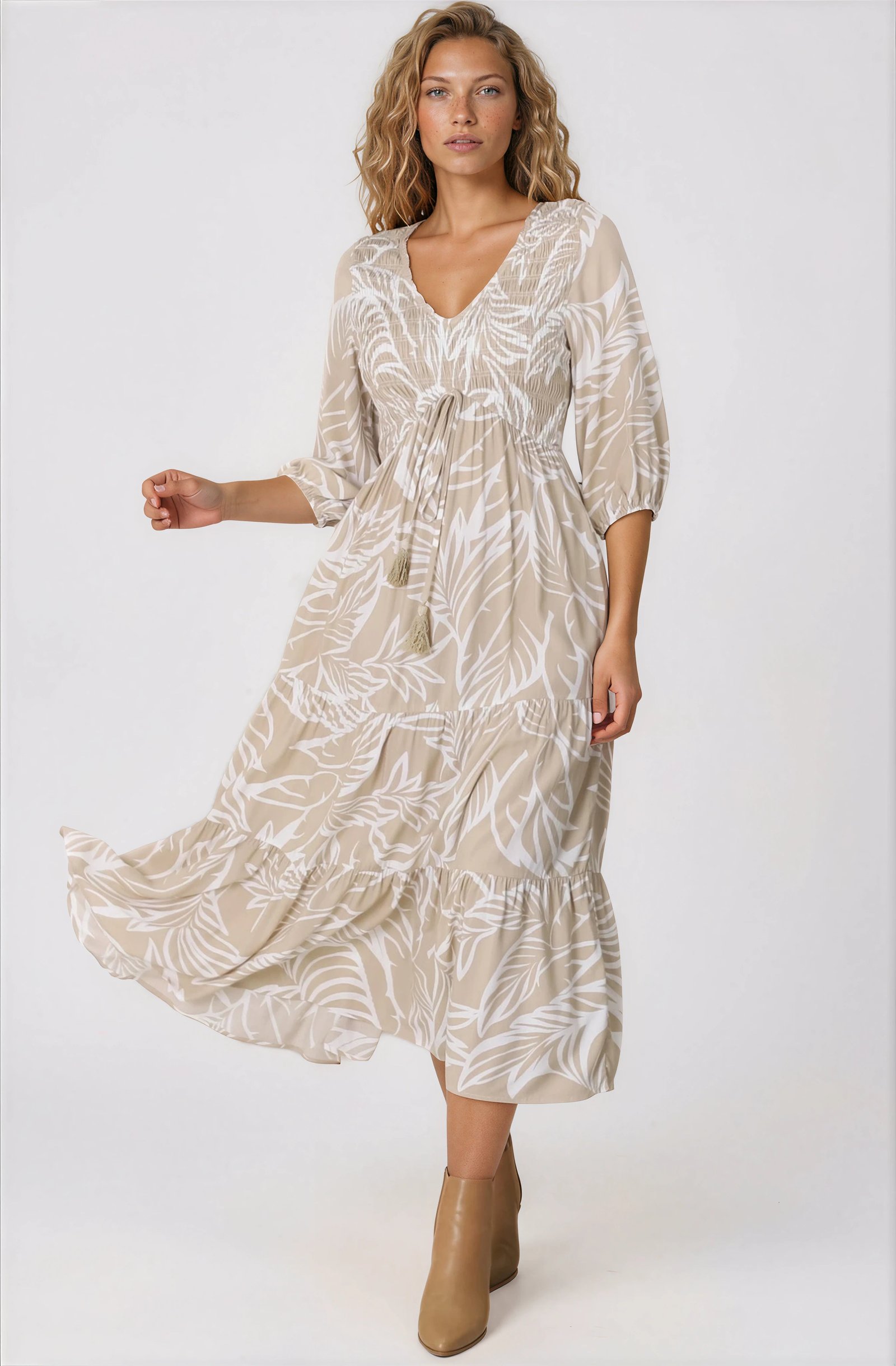 IMG_3299_3b2d8550-6287-4f81-b3fa-4ee18240748d Jaden Midi Dress - Elasticated Bodice A-Line Dress in Jeani Print Beige - Image 1