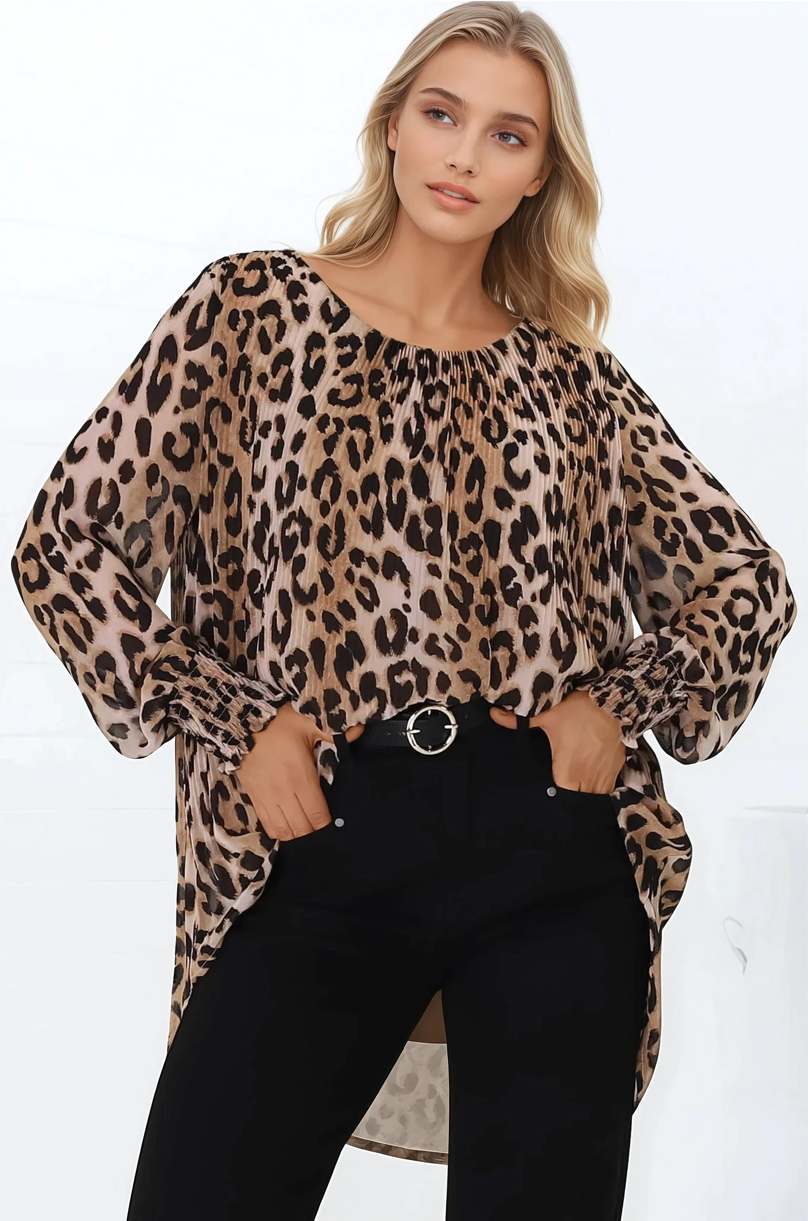 KaytBlouse-LeopardPrint-04-Sienna-1 Kayt Blouse - Plisse Long Sleeve Top with High-Low Hemline in Leopard Print - Image 1