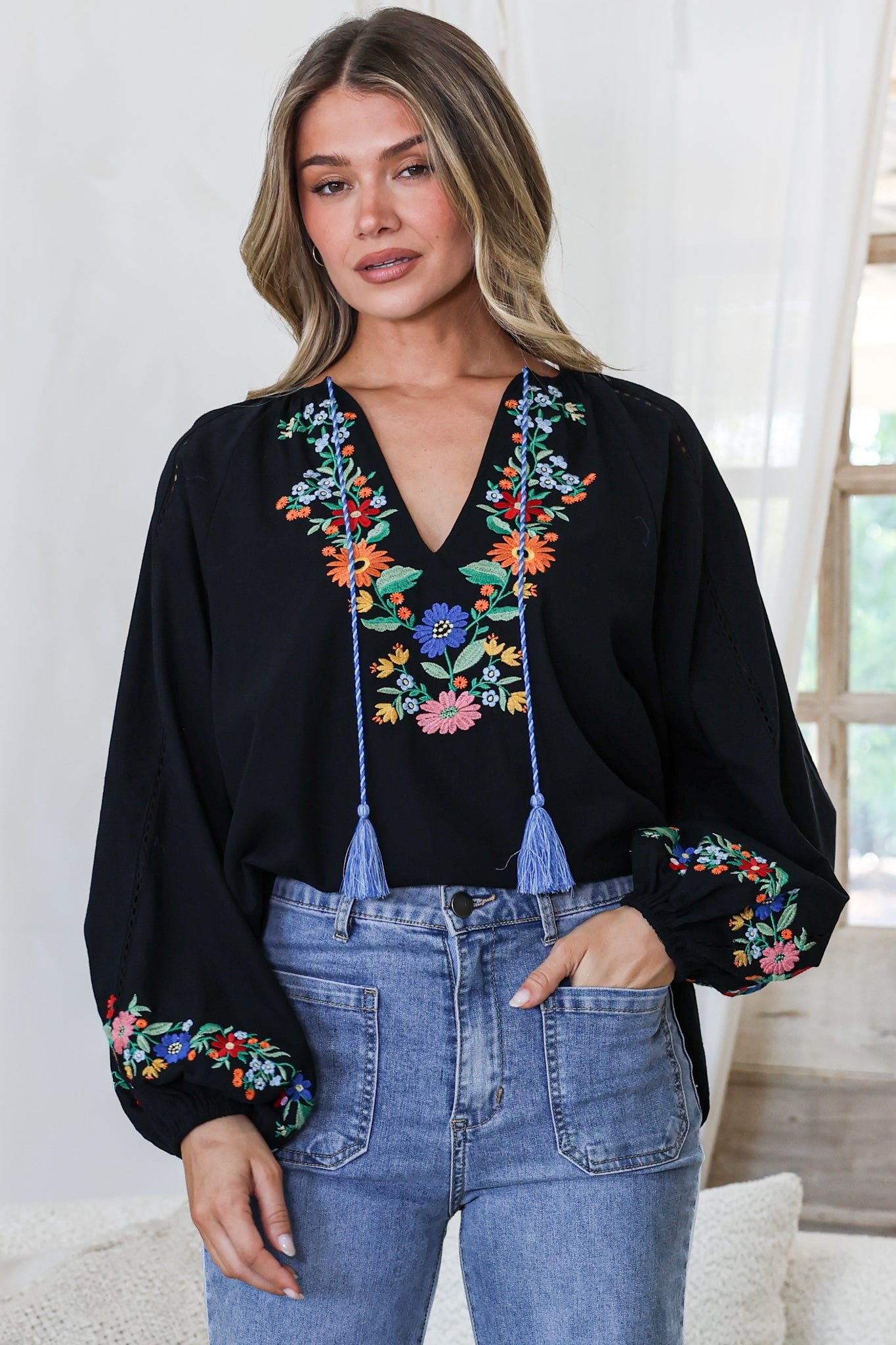 Margerie_Long_Sleeve_Top_-_Black-2 Margerie Top - Floral Embroidered Top with Long Sleeves in Black - Image 1
