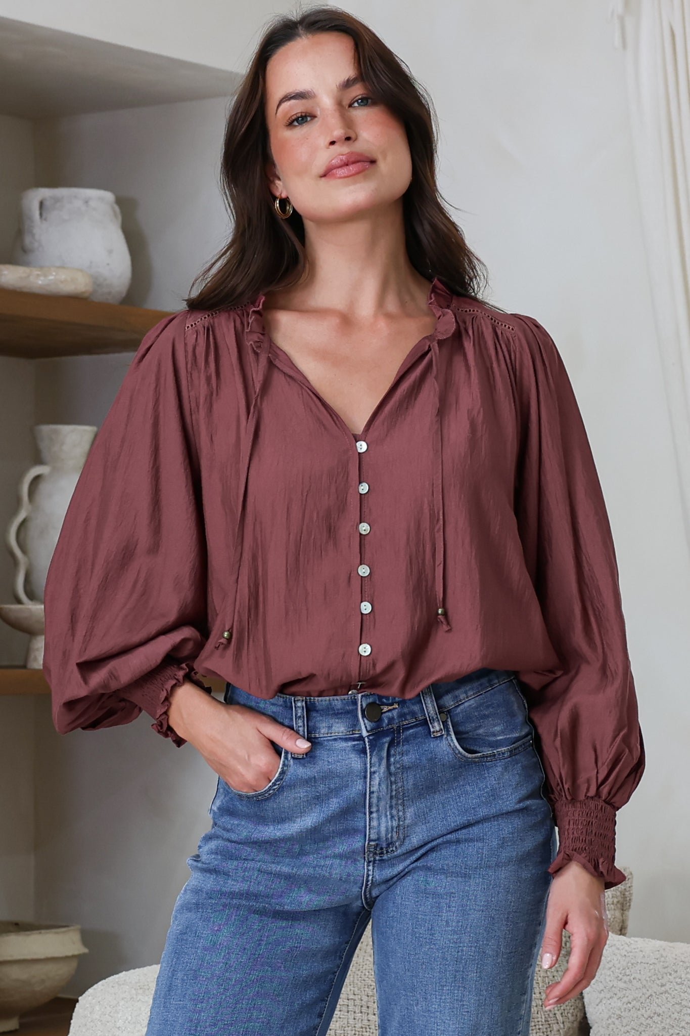 MoreeBlouse-Mulberry-2 Moree Blouse - Frill Collar Neck Tie Button Down Shirt in Mulberry - Image 1