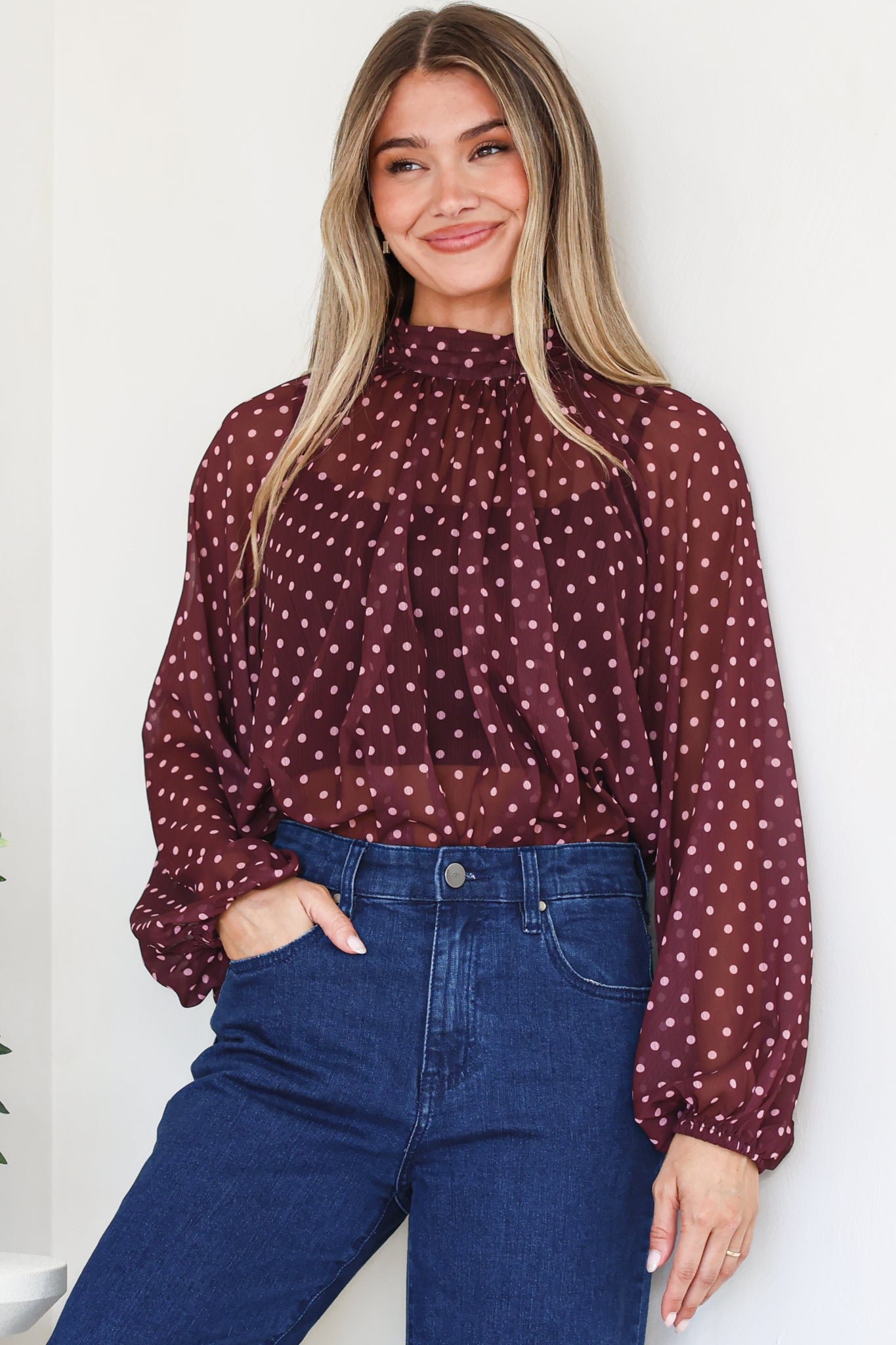 ParamountBlouse-WinePolkaDot-4 Paramount Blouse - High Collar Balloon Sleeve Sheer Balloon Sleeve Pull Over in Wine Polka Dot - Image 1