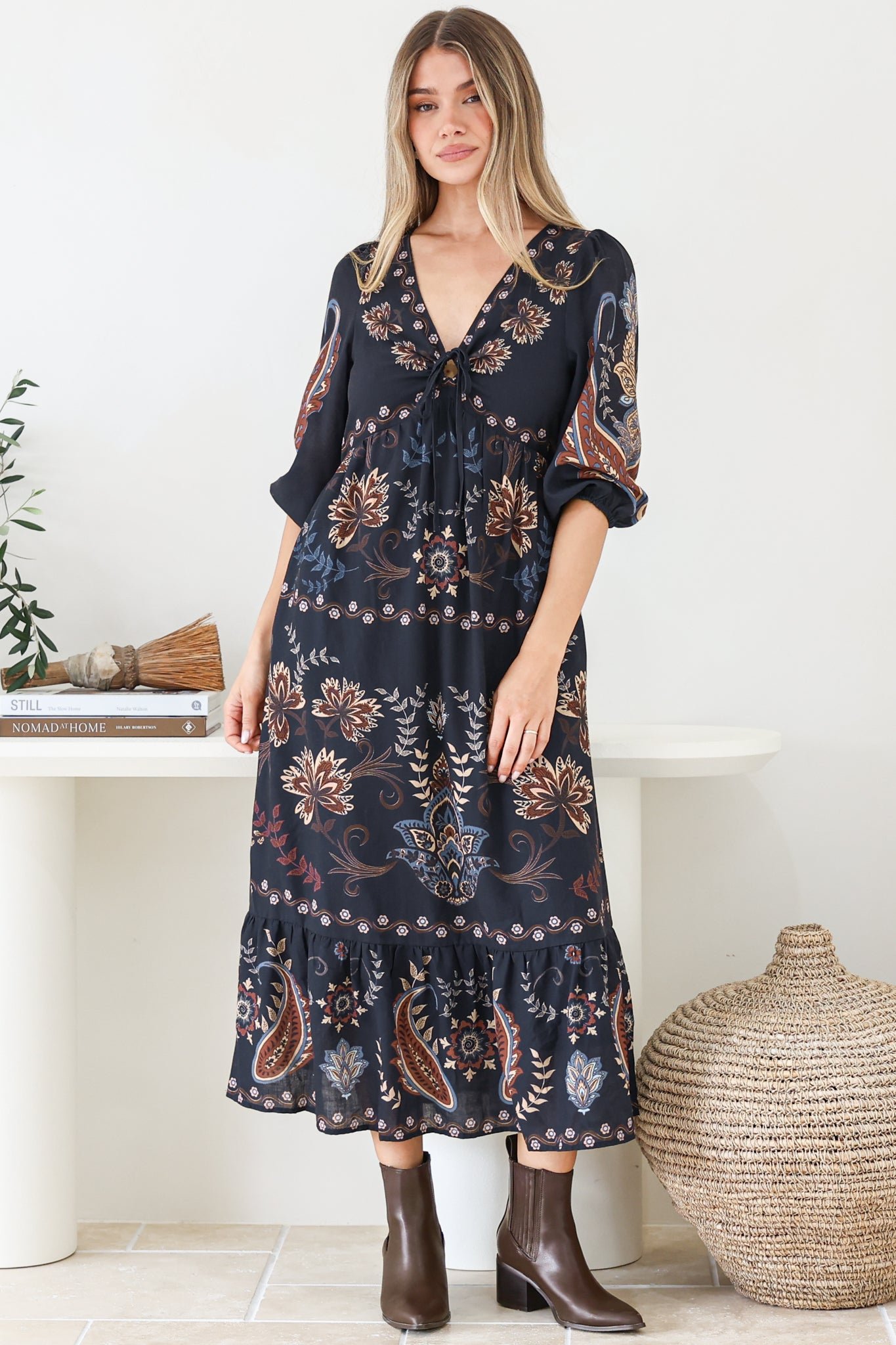 ThanyaMidiDress-MagahPrintNavy-8 Thanya Midi Dress - V-Neck with Tie Balloon Sleeve Tiered Dress in Magah Print Navy - Image 1