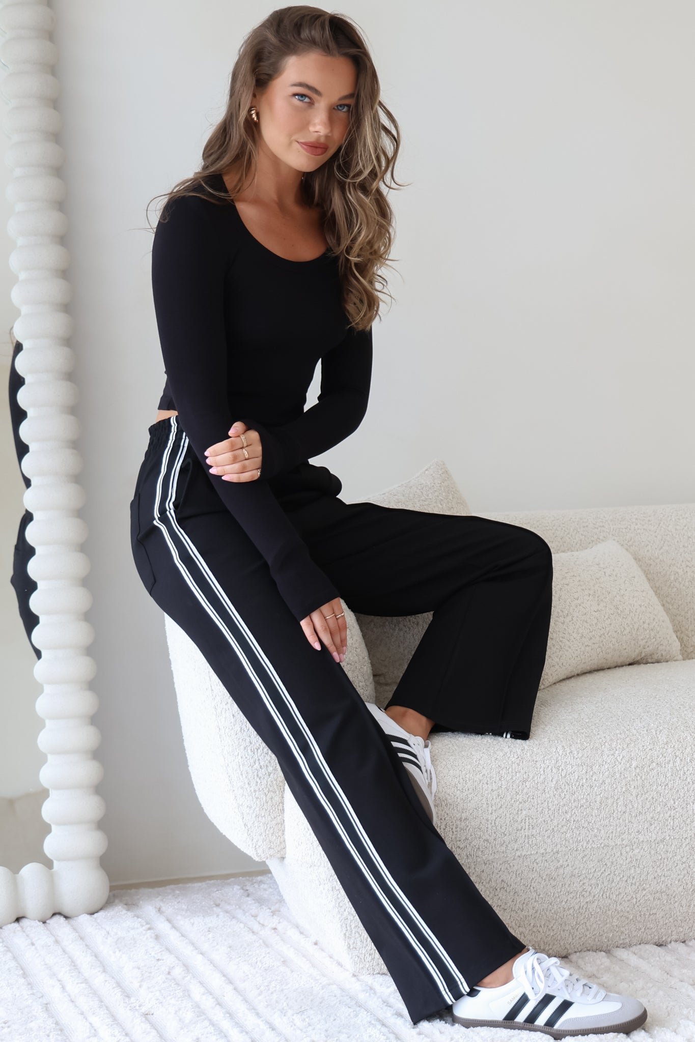 VictoriaPants-Black-1 Victoria Pants - High Waisted Sports Stripe Side Seams in Black - Image 1
