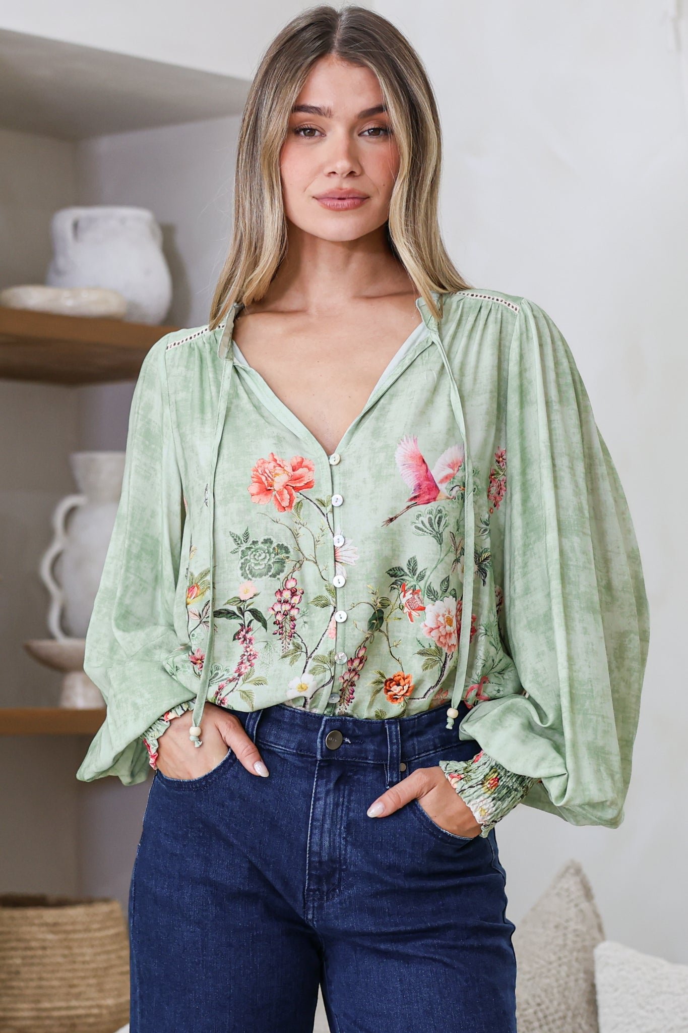 VioletBlouse-FerngullyPrint-1 Violet Blouse - Frill Collar Button Down Balloon Sleeve Blouse in Ferngully Print - Image 1